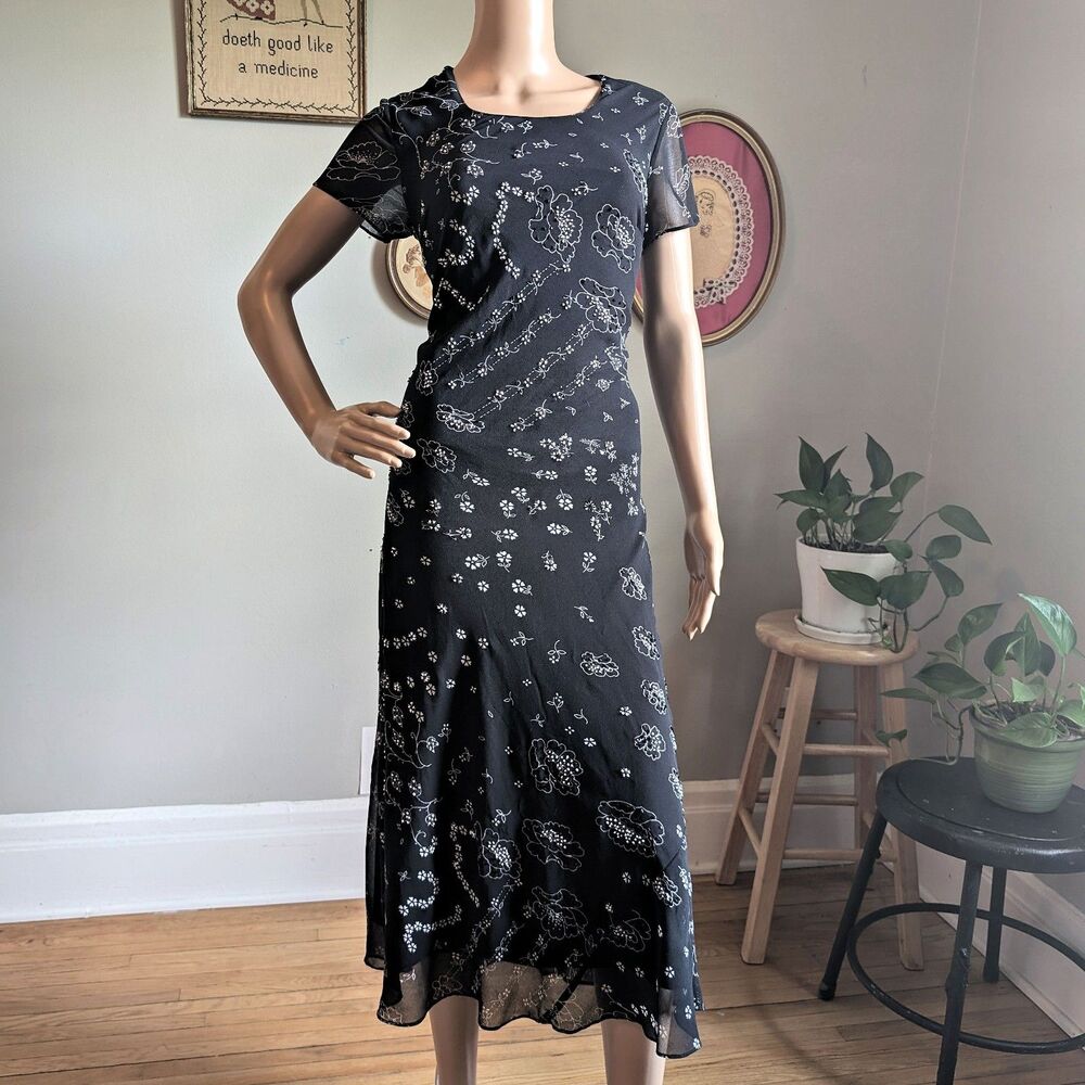 Vintage 90s Y2K Eva Blue Black Midi Dress Floral Beaded Whimsygoth Fairycore 6